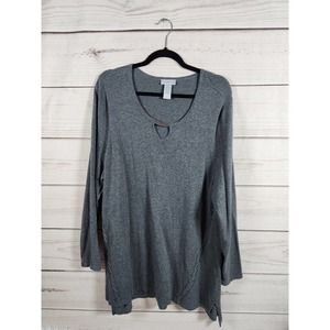 Catherines Women Cotton Keyhole‎ Neck Knit Sweater Long Sleeve Pullover Gray 1X